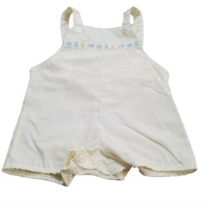 Vintage 70s 80s Pastel Yellow Embroidered Baseball Teddy Bear Train Baby Outfit